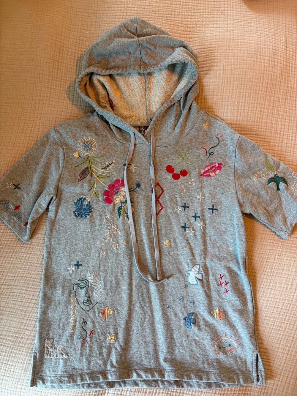 Johnny Was Gray Embroidered Hooded Kids Sweatshirt with Multicolor Motifs